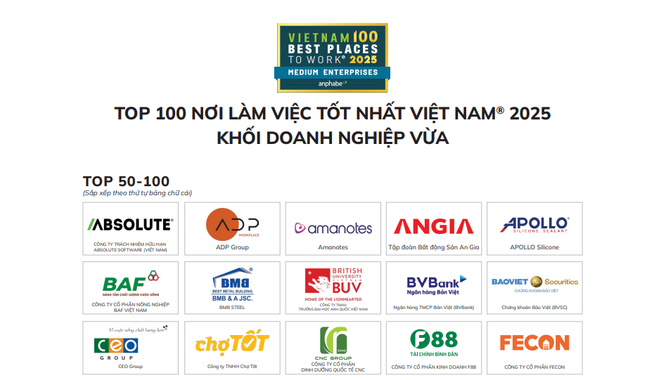 Top 100 Nơi Làm Việc Tốt Nhất Việt Nam 2025 – Khối Doanh Nghiệp Vừa